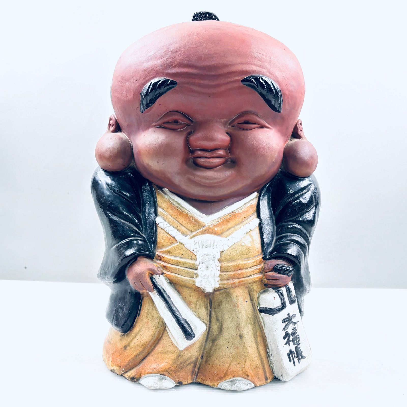 【蔵出し品】特大　大きい　立ち　福助　置物　オブジェ　陶器　 当時物 レトロ アンティーク