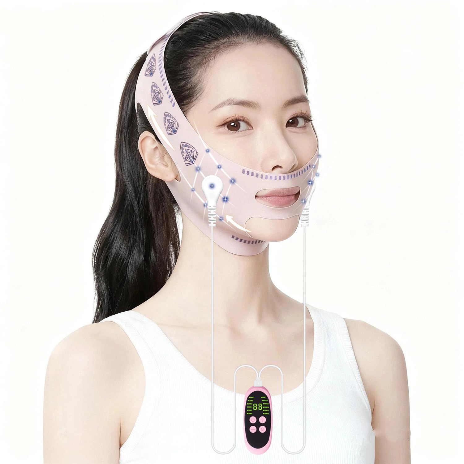 美顔器 ems リフト フェイスベルト 表情筋 顔 フェイスライン 二重あご 12種類EMSモード 36段階強度 男女兼用 ウェアラブル美顔器 プレセント(ピンク)/ b1b1ba45
