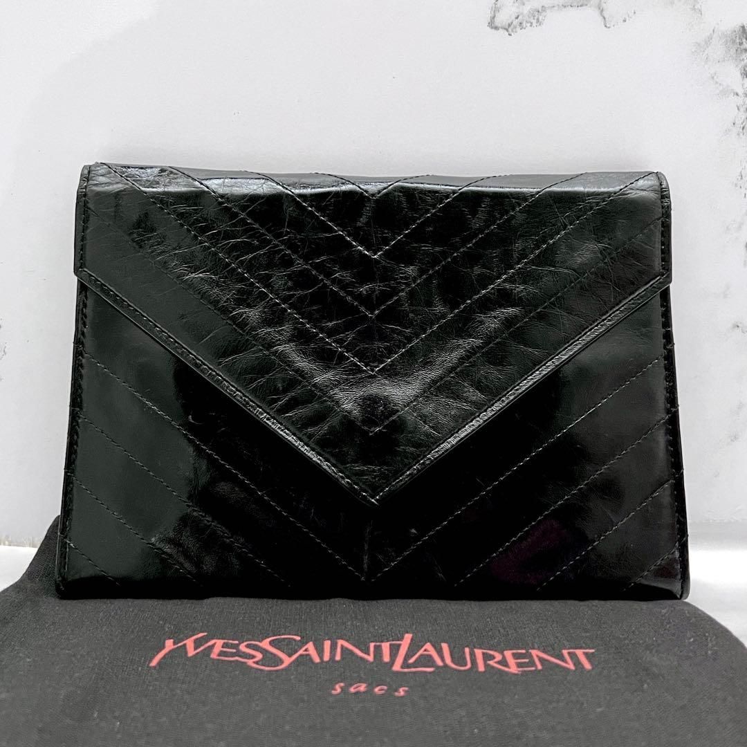 Yves Saint Laurent シェブロン クラッチバッグ ブラック ◇レア美品◇イヴサンローラン クラッチバッグ シェブロンステッチ