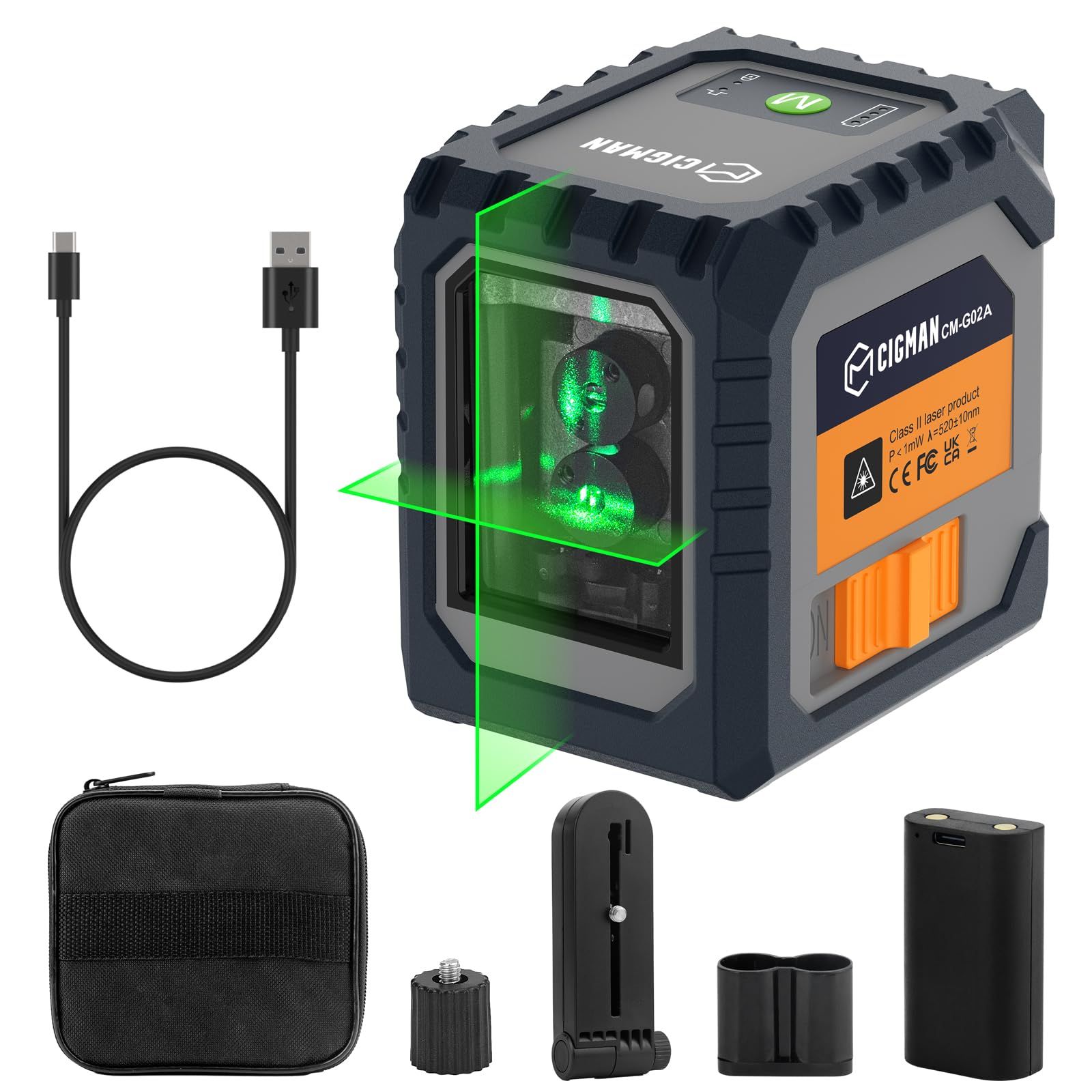 CIGMAN レーザー墨出し器 ミニ型 クロスラインレーザー USB-C充電 充電式電池 自動/手動水平調整 磁気サポート30Mの作業距離 IP54 収納バック付き 日本語取扱説明書 CM-G02A★m aa26d090