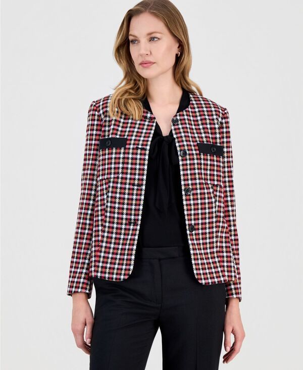 カスパール レディース アウター ジャケット・ブルゾン ジャケット Kasper Womens Houndstooth Collarless ButtonFront Jacket Blackfire Red Multi ブラック