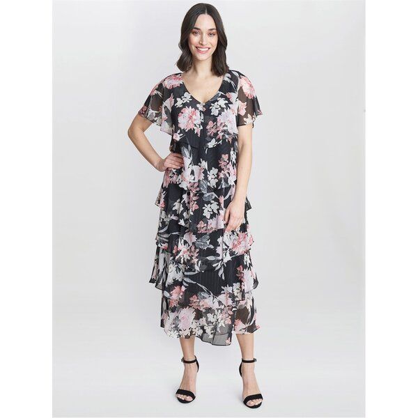 ジーナバッコーニ レディース トップス ワンピース Vネック ティアード プリント ミディ Gina Bacconi Janice V Neck Printed Midi Tiered Dress BLACK MULTI ブラック