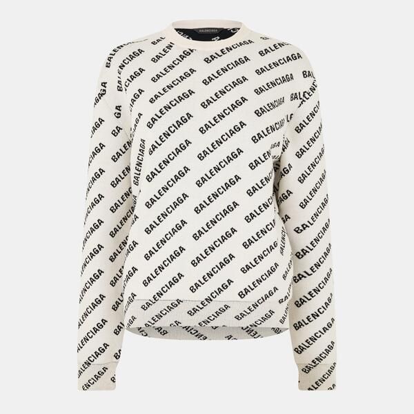 バレンシアガ レディース アウター パーカー・スウェット クルーネック ロゴ Balenciagall Over Logo Crewneck Jumper WhiteBlack ホワイト