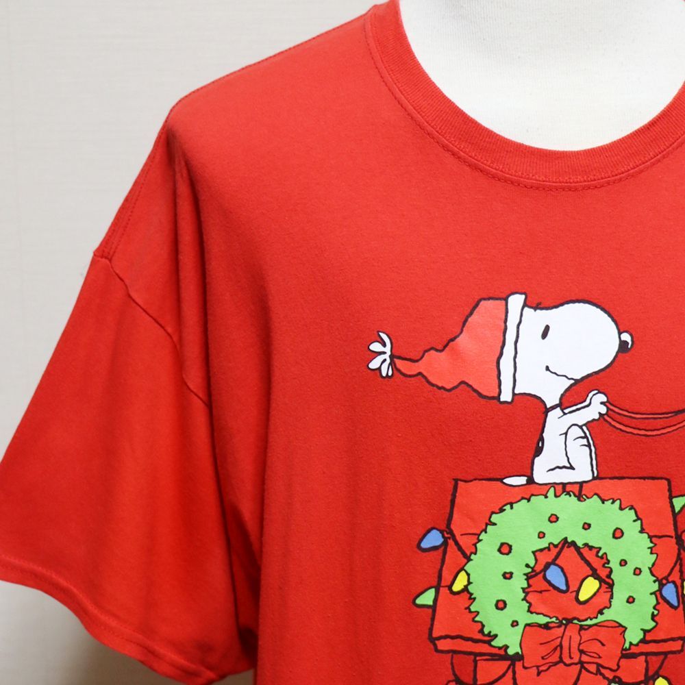 ピーナッツ Tシャツ メンズ 2XL 赤 スヌーピー ウッドストック クリスマス 公式 半袖 ギルダン レッド 特大 ビッグサイズ USED品 アメリカ購入
