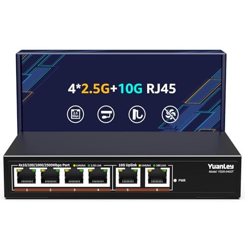 YuanLey 6ポート 10G イーサネットスイッチ｜4×2.5G Base-T + 2×10Gb RJ45｜100/1000/2500Mbps対応｜アンマネージド｜メタル筐体・ファンレス｜2.5G/10G NAS・WiFi AP向け″mn
