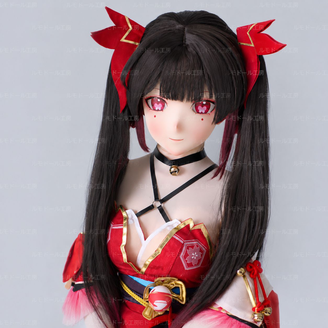 キグルミマスク 花火 風 原神 風 黒髪ツインテール ピンクアイ コスプレ衣装 ウィッグ 髪飾り ボディスーツ付 フルセット 全頭 メイク済み 現品 アニメ顔 美少女 ハンドメイド kigurumi