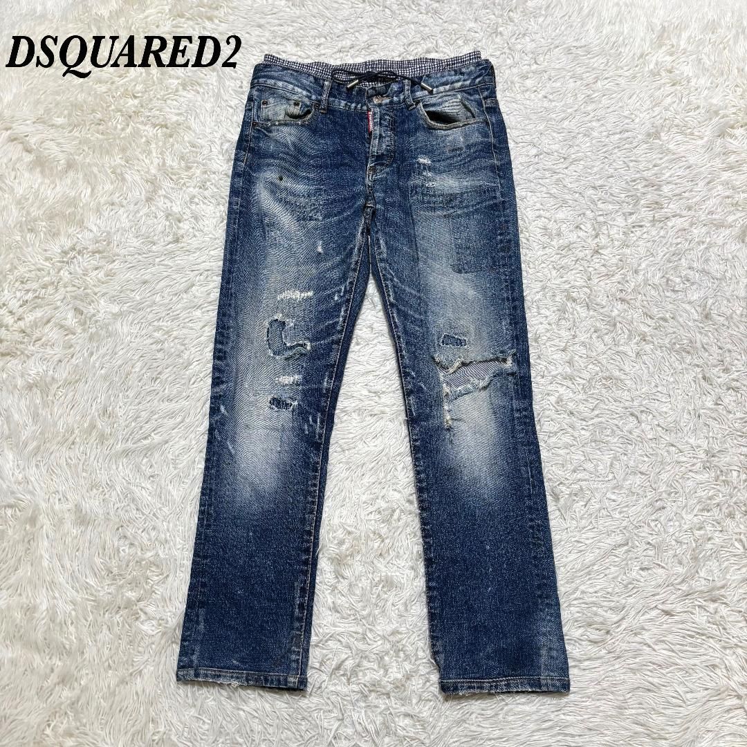 DSQUARED 2 ダメージデニム 46 ダブルウエスト インディゴウォッシュ