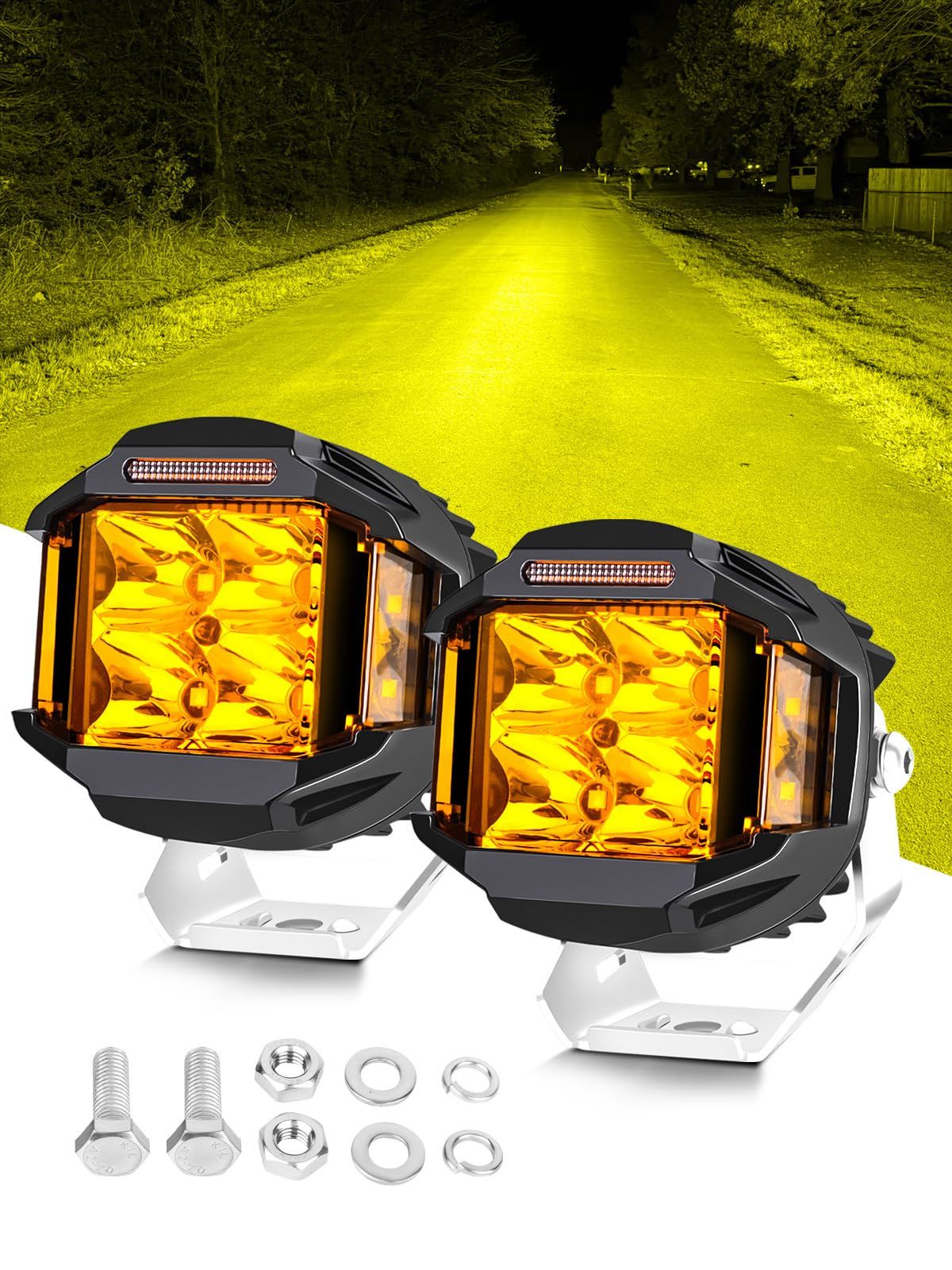 新品 Chelhead 4インチ LED作業灯 三面発光 円型 92w LED補助灯 広角キット、デイタイム日行灯付き サイドシュート式オフロード走行灯、270°コンビネーションビームモード汎用補助灯、トラック/ジムニー/牧馬人フォルトラックに適用し