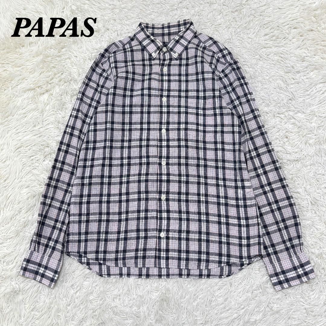 PAPAS 長袖BDシャツ M ネイビー オレンジ チェック 麻混