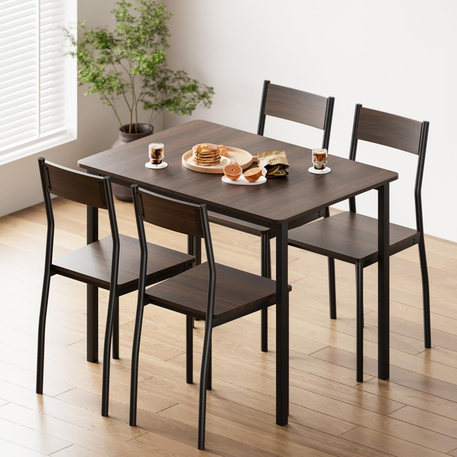 特価商品　スチール 木製 4脚 4人掛け チェア 1点 テーブル 幅110×奥行70×高さ75cm 5点セット 4人用 ブラウン×ブラック 食卓テーブル ダイニングテーブルセット