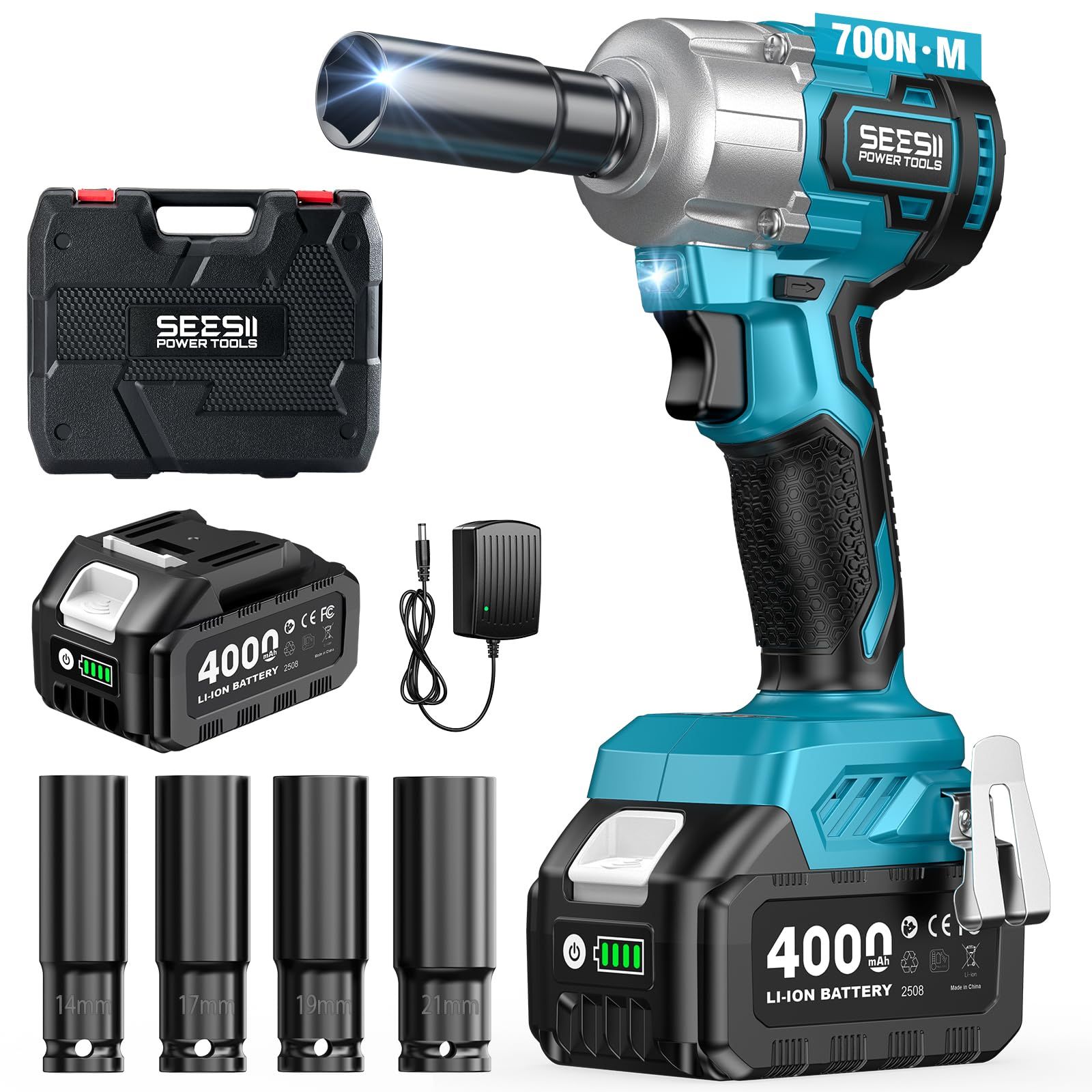 【2026新型】SEESII 電動インパクトレンチ タイヤ交換 700N・m 強力 ブラシレスモーター 小型 ハイパワー 自動停止モード 無段変速 正逆転両用 1/2インチ LEDライト 4000mAhバッテリー 4本ソケット付き 車用 自動 8f0673e4