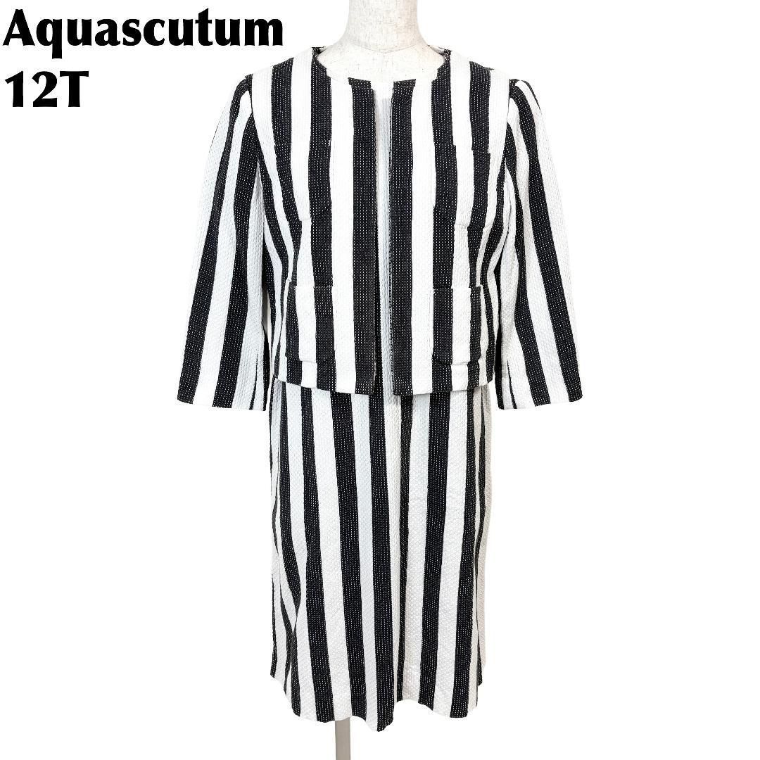 Aquascutum ワンピースセットアップ 12T 白×黒 ストライプ
