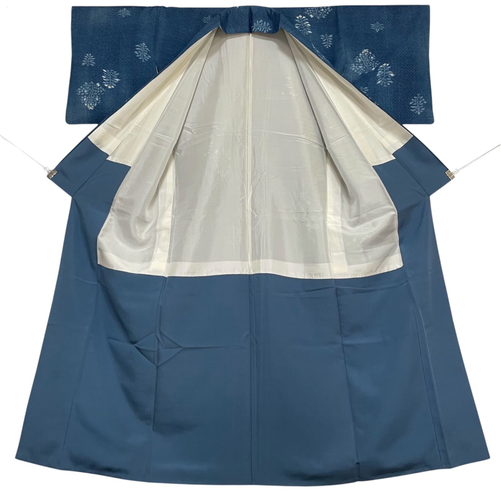 J918 美品 結城紬 藍染め 草木 正絹 身丈163cm 裄66cm 和装 和服 着物 
