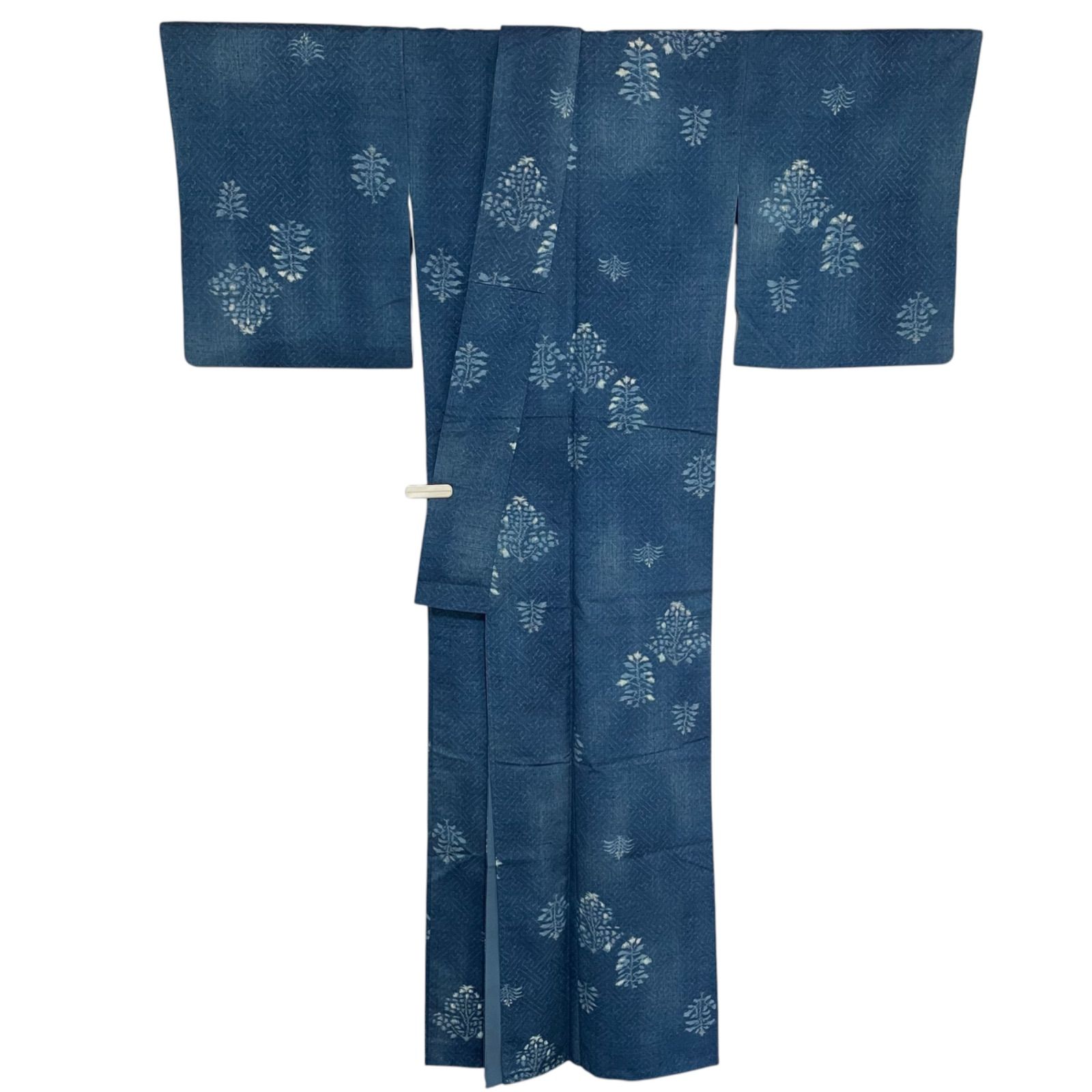 J918 美品 結城紬 藍染め 草木 正絹 身丈163cm 裄66cm 和装 和服 着物 