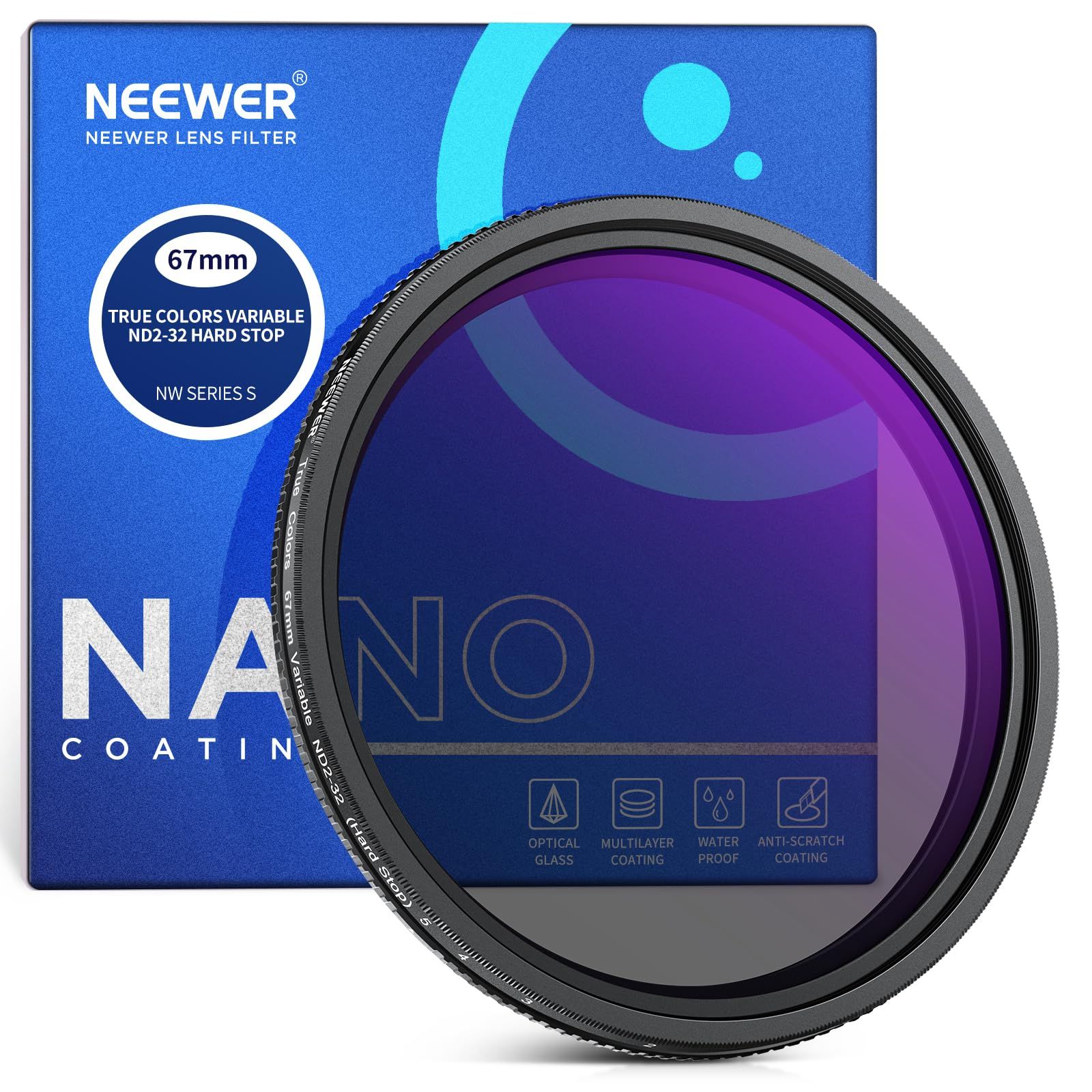 新品 NEEWER 67mm トゥルーカラー可変NDフィルター ハードストップ ND2-32 (1-5ストップ) 限定減光フィルター マルチコーティングHD光学ガラス/Xクロスなし/アルミフレーム/防水/キズ防止/指紋防止