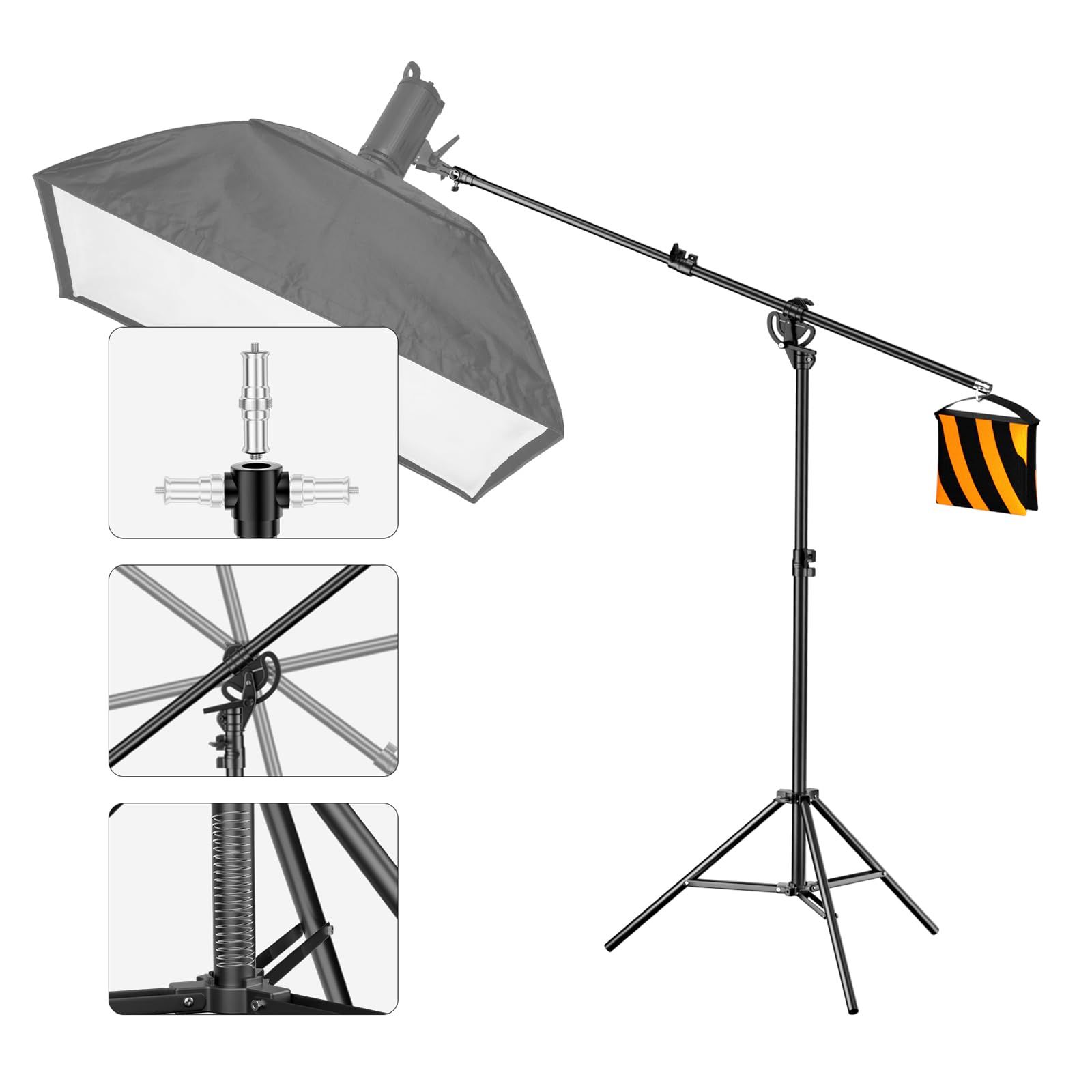 新品 EMART 2-in-1ライトスタンド 撮影用ライトスタンド ブームアーム付き ストロボ 三脚 134-400cm高さ調整可能 由調節 189cmブームアーム付き 俯瞰撮影 回転可能 耐荷重4kg 頑丈 高耐久 ビデオライト ステンレススチール ソフトボ