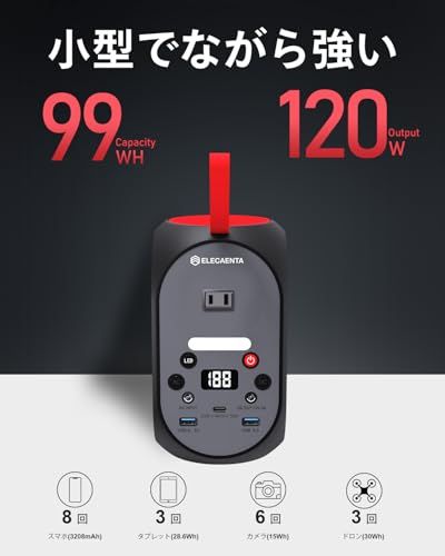 【新品】ELECAENTA ポータブル電源 99Wh 小型 リン酸鉄 軽量1.5Kg AC120W(ピーク200W) PD30W入出力対応 ソーラー充電対応 ぽーたぶる電源 飛行機に持ち込みが可能 家庭用蓄電池 キャンプ 防災 地震 台風 停 47e0625e 【新品】ELECAENTA ポータブル電源 99Wh 小型 リン酸鉄 軽量1.5Kg AC120W(ピーク200W) PD30W入出力対応 ソーラー充電対応 ぽーたぶる電源 飛行機に持ち込みが可能 家庭用蓄電池 キャンプ 防災 地震 台風 停 47e0625e