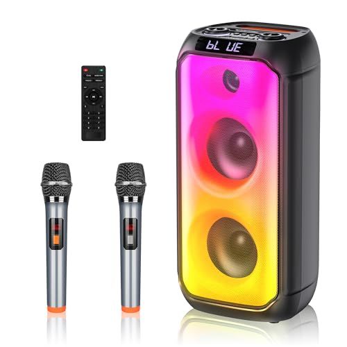 【新品】ワイヤレスマイク スピーカーセット Bluetooth5.0対応 家庭用 大容量バッテリー カラオケセット 拡声器 充電式 UHFワイヤレスマイク2本付き PAセット パワー40W ポータブルスピーカー TF/USB/AUX/REC/ 4b44e098