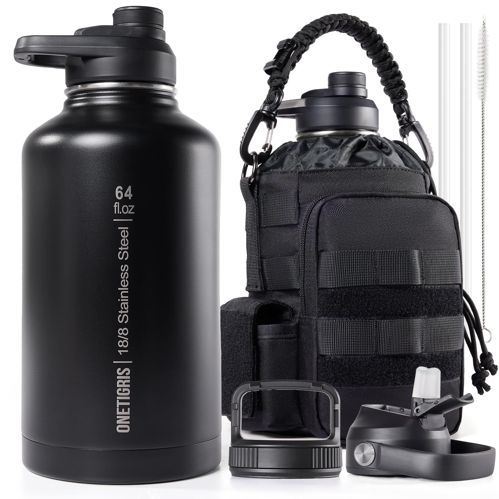 OneTigris 水筒 1.9L ステンレスボトル セット ミリタリー風 保温保冷 水筒カバー付き 3個交換蓋 2Xストロー 1Xブラシ 広口 漏れ防止 お手入れ簡単 炭酸対応 登山、キャンプ、スポーツ、ジム、ハイキング適用 ブラックpms f73bf3b4
