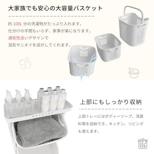 【RAKU】ランドリーバスケット スクエア 洗濯かご 脱衣所 洗濯物 収納 キャスター付き おしゃれ シンプル スリム 北欧 大容量 インテリア雑貨 洗える ホワイト (４段)/ 4aaba384