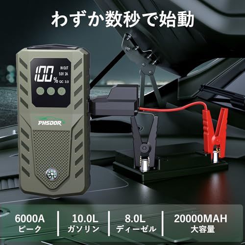 ジャンプスターター 6000A 車用エンジンスターター 12V (最大10.0Lガソリン車・8.0Lディーゼル車対応) 20000mah 車緊急始動 搭載LED緊急ライト PSE認証済(沖縄・離島の方不可) 5778cd97