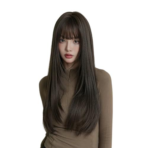 ウィッグ ロング ストレート 烏兎の矢先 スモーキーブラウン シースルーバング 透け感 かつら 小顔 カール 巻き髪 ボリューム感 柔らかい質感 フルウィッグ 韓国風 医療用 原宿風 ールズ 女の子 女装 レディース グラデーション コスプレ 1765d03e