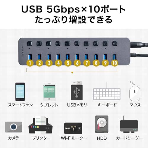 サンワダイレクト USBハブ 10ポート セルフパワー USB充電器 個別スイッチ付 USB3.2/5Gbps ACアダプタ付 400-HUBA23GMpms 611be1dc サンワダイレクト USBハブ 10ポート セルフパワー USB充電器 個別スイッチ付 USB3.2/5Gbps ACアダプタ付 400-HUBA23GMpms 611be1dc