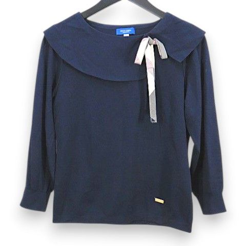 ブルーレーベルクレストブリッジ BLUE LABEL CRESTBRIDGE 七分袖 ニット プルオーバー 38 紺系 ネイビー リボン ビック衿 ボリューム袖