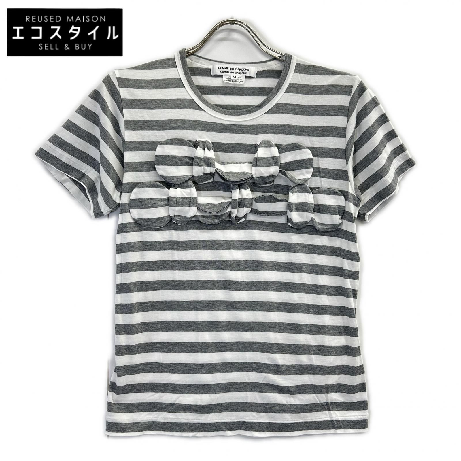 COMMEdesGARCONS COMMEdesGARCONS　コムデギャルソンコムデギャルソン（コムコム）　RG-T018 グレー×ホワイトボーダーフロントリボンTシャツ　M