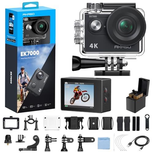 AKASO アクションカメラ EK7000 4K30FPS 20MP 水中カメラ WiFi搭載 外部マイク対応 40M防水 170度広角レンズ 1050mAhバッテリー2個付き アクションカム ウェアラブルカメラ 豊富なアクセサリー バイク/ a671d7eb