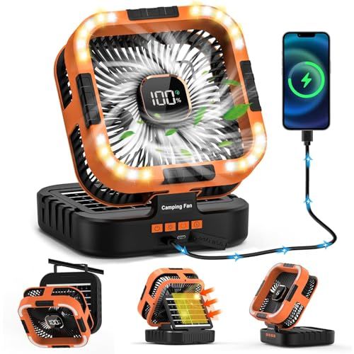 【2026年4in1型！太陽光充電/左右首振り/ライト付】ソーラー扇風機 10000ｍAｈ USB充電 キャンプ扇風機 左右120°自動首振り ライト付携帯扇風機 6段階風 3段階LEDライト 4段階定時 テントファンア ハンドル付き アウト ad9ce2df