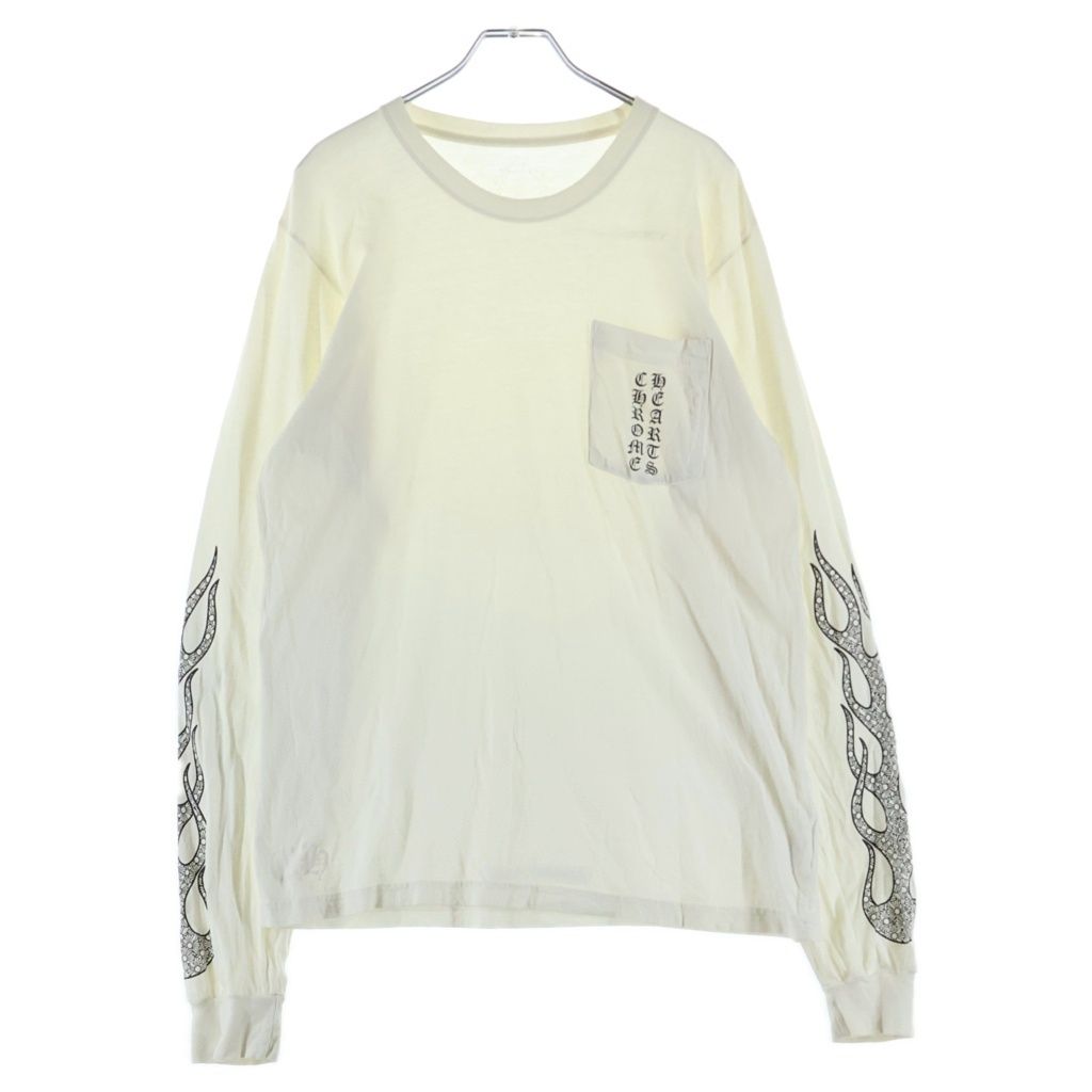 CHROME HEARTS (クロムハーツ) CH PLUS FLAME SLEEVE LS TEE アームCHプラスファイヤーパターン ロゴプリント クルーネック 長袖Tシャツ カットソー ホワイト