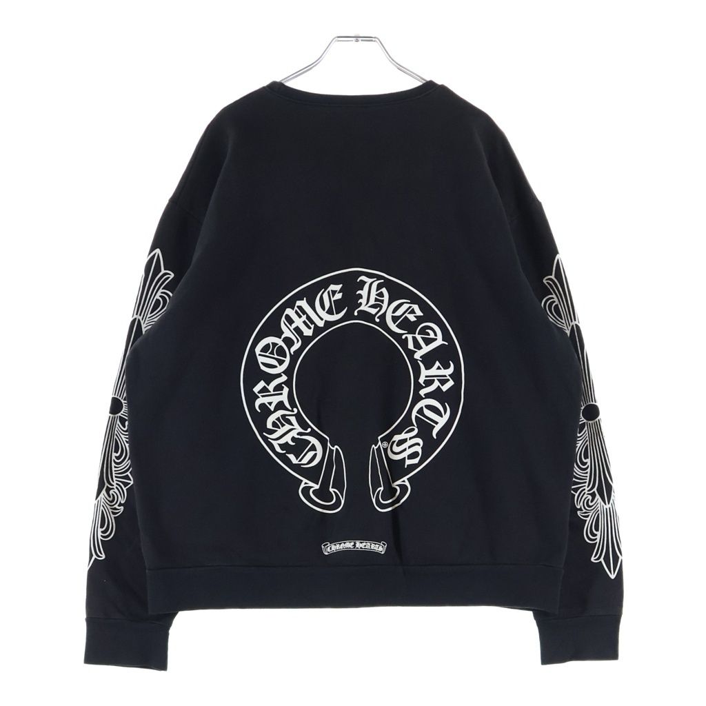 CHROME HEARTS (クロムハーツ) SWTSHRT PLVR HORSESHOE ARM FLORAL CROSS バックホースシュー 袖フローラルプリント スウェット トレーナー ブラック