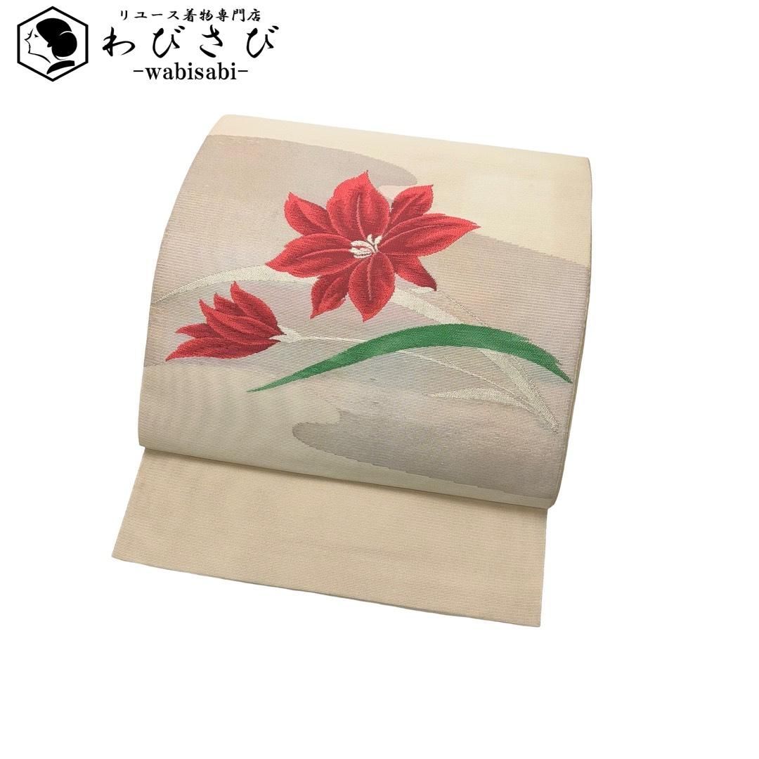 夏帯 名古屋帯 紗 赤い花模様 金糸 生成色 O-6173