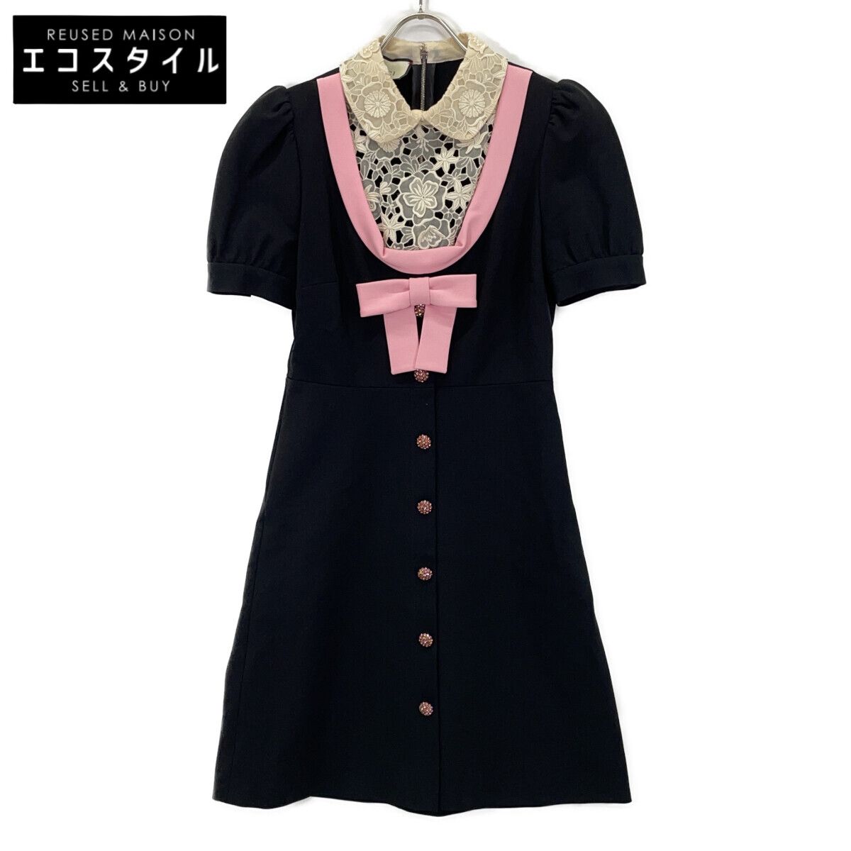 GUCCI グッチ 467502 ブラック×ピンク エンブロイダリーレースカラーリボンデザイン半袖ワンピース S