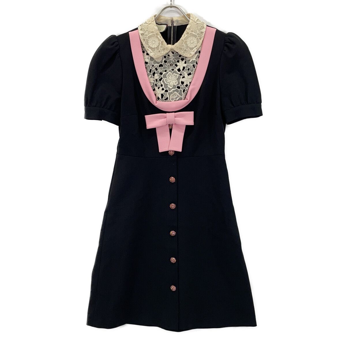 GUCCI グッチ 467502 ブラック×ピンク エンブロイダリーレースカラーリボンデザイン半袖ワンピース S GUCCI グッチ 467502 ブラック×ピンク エンブロイダリーレースカラーリボンデザイン半袖ワンピース S
