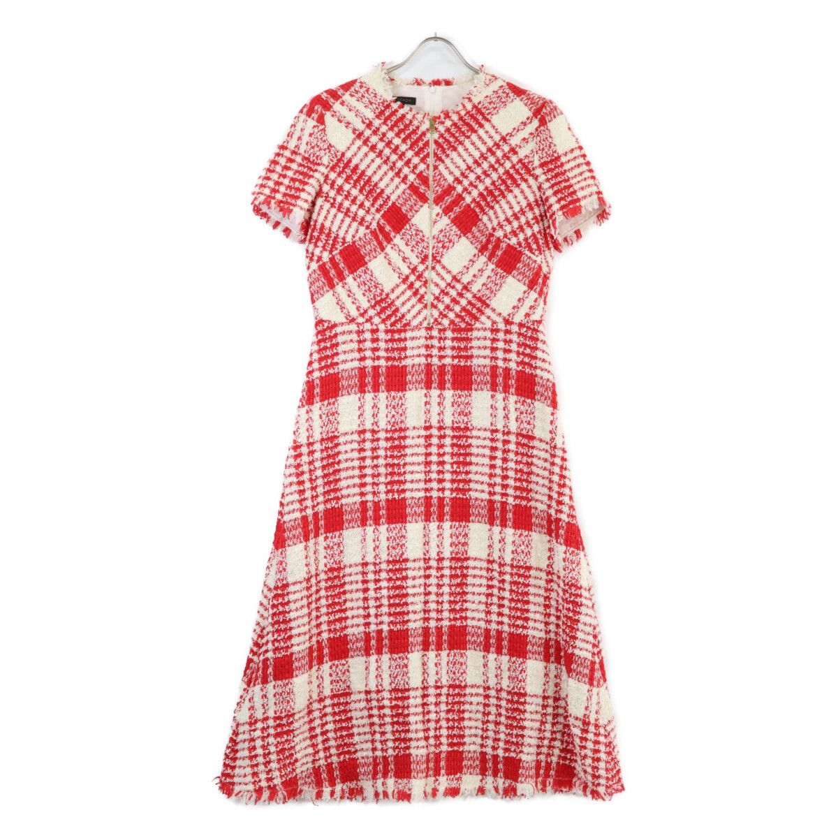 ESCADA　エスカーダ　5031620 レッド×ホワイト ハーフジップツイードショートスリーブワンピース　38