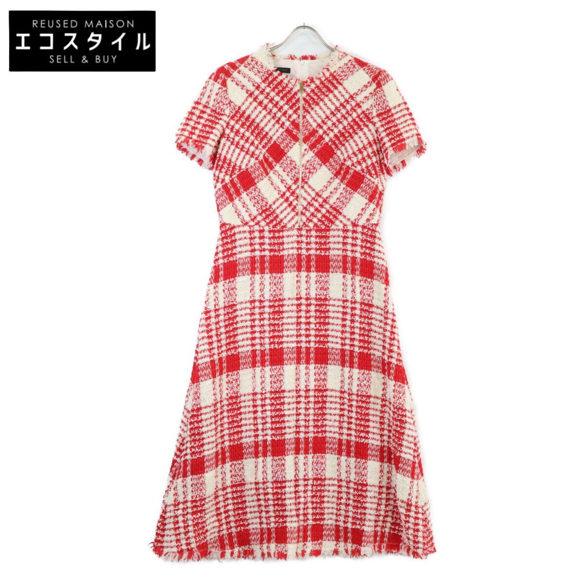 ESCADA　エスカーダ　5031620 レッド×ホワイト ハーフジップツイードショートスリーブワンピース　38