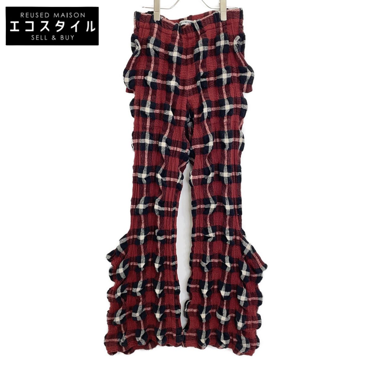 ISSEY MIYAKE　イッセイミヤケ　23AW IM33FF058 レッド ウール混 チェック フレア パンツ　2