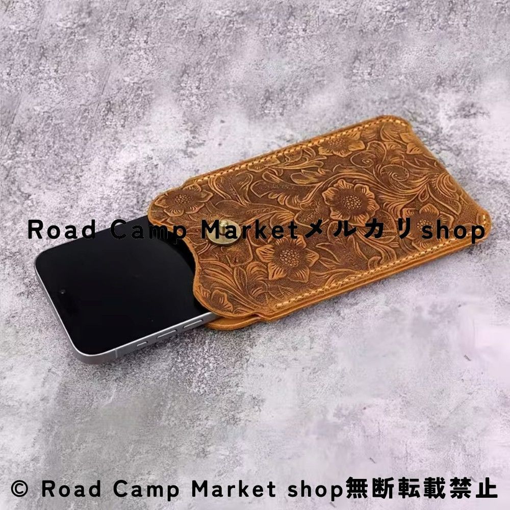 スマホベルトバッグ ハンドクラフト 本革 メンズ クレイジーホースレザー 黄褐色アラベスク柄 ベルトループ付き スマホポーチ ヴィンテージスタイル 表革牛革 ヨーロッパ アメリカンデザイン メンズスマホケース ウエスト装着対応 携帯ポーチ 高級レザー