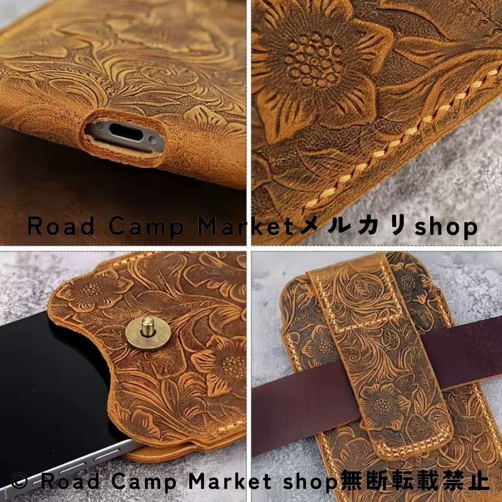スマホベルトバッグ ハンドクラフト 本革 メンズ クレイジーホースレザー 黄褐色アラベスク柄 ベルトループ付き スマホポーチ ヴィンテージスタイル 表革牛革 ヨーロッパ アメリカンデザイン メンズスマホケース ウエスト装着対応 携帯ポーチ 高級レザー