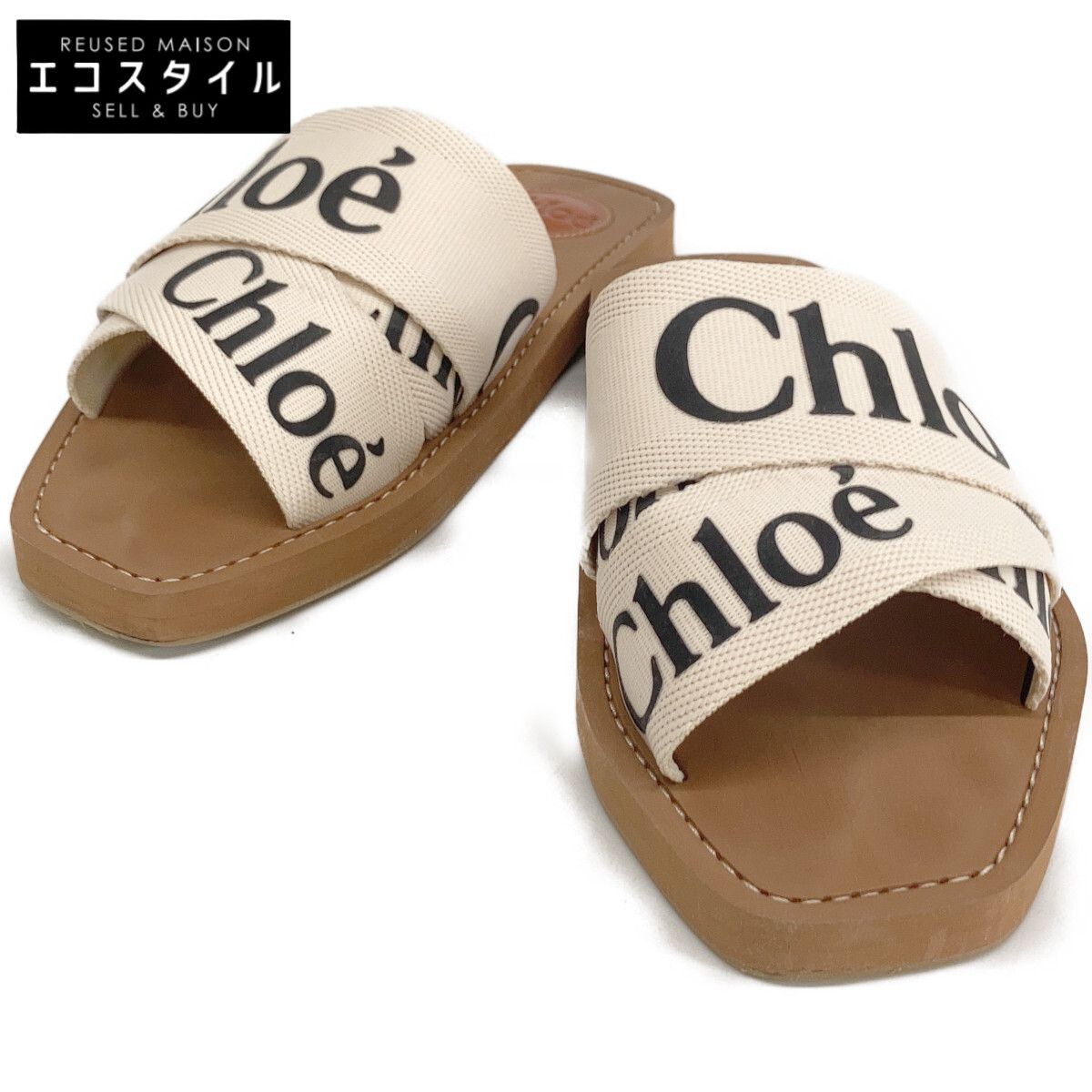 CHLOE　クロエ　【美品】CHC19U1880810136W WOODY ウッディ キャンバス ロゴデザイン サンダル　36