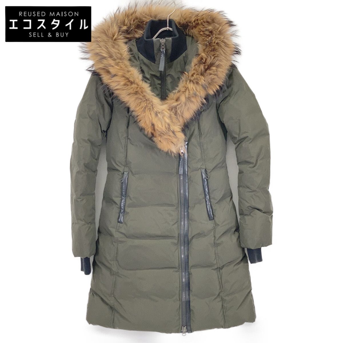 Mackage　マッカージュ　ADALI カーキ レザーパイピング フリースポケット ラクーンファーフーデッドダウンコート　XS