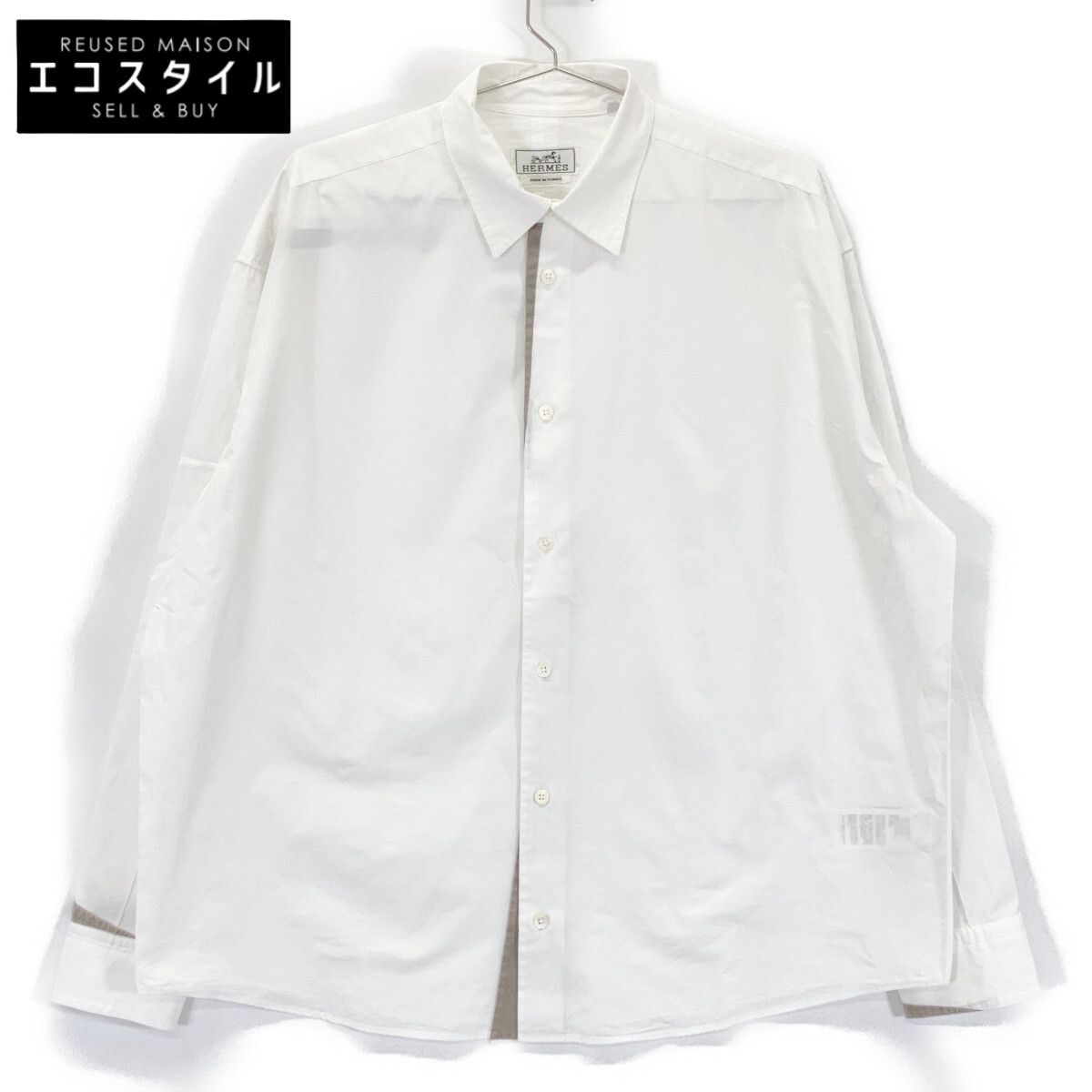 HERMES　エルメス　21AW 12-5607 ホワイト×グレー コットン セリエカフスボタン レギュラーカラーオーバーサイズシャツ」　40