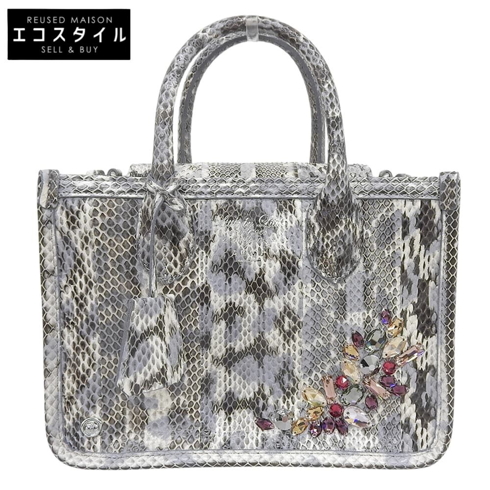 A.D.M.J. Accessoires De Mademoiselle　ADMJ　新品同様 スネークレザー クリスタル ハンドバッグ フラップ付 レディース グレー
