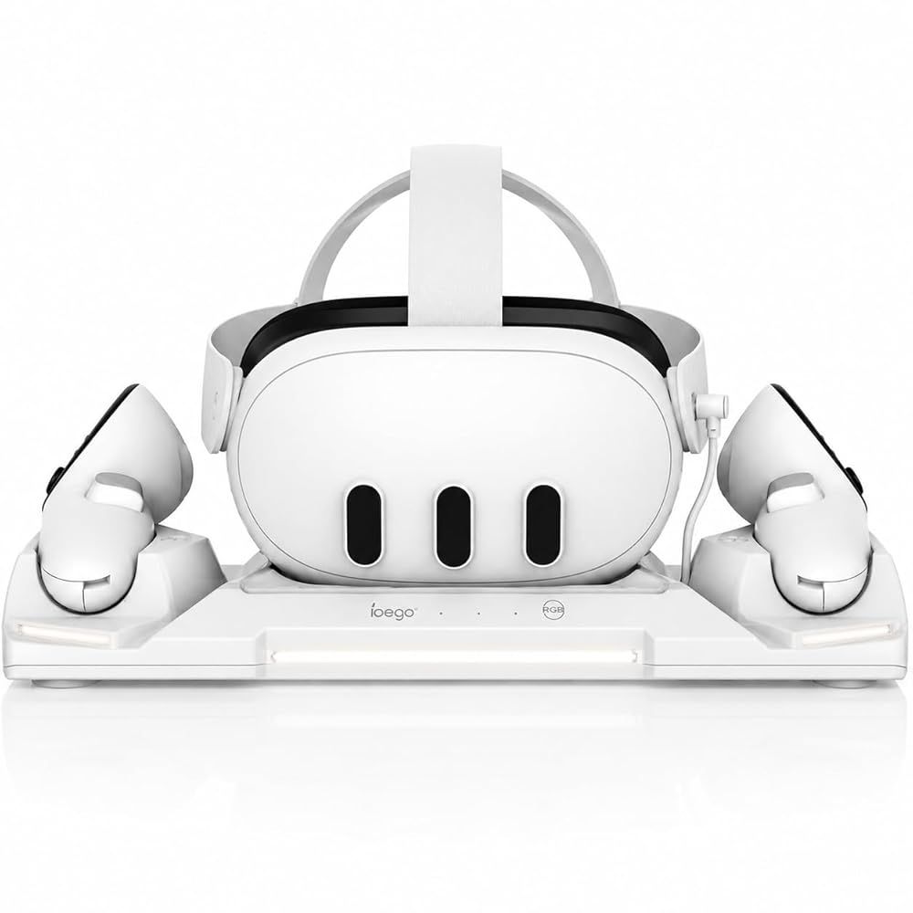 【Meta Quest3/3S/2対応】VR充電スタンド ドック 卓上 ヘッドセット＆コントローラー同時充電 Type-C LED表示 RGBライト付き 省スペース設計