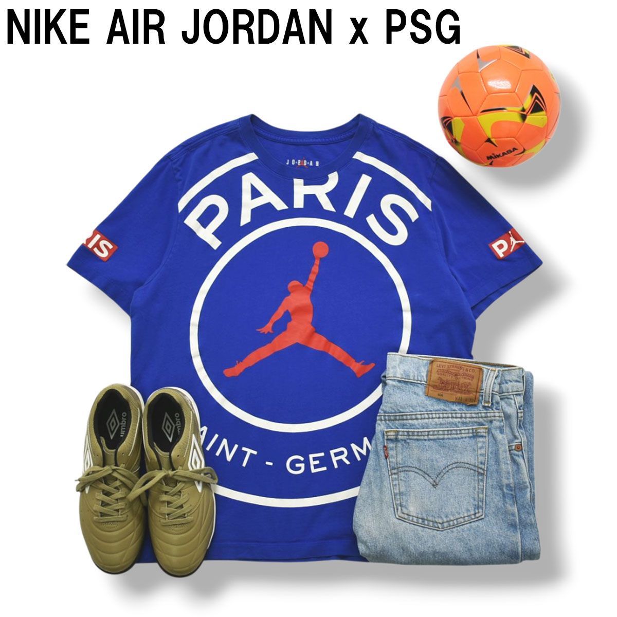 ナイキ エア ジョーダン x パリサンジェルマン NIKE AIR JORDAN x PSG ダブルネーム ロゴ プリント Tシャツ カットソー XL ブルー ストリート スポーツ メンズ