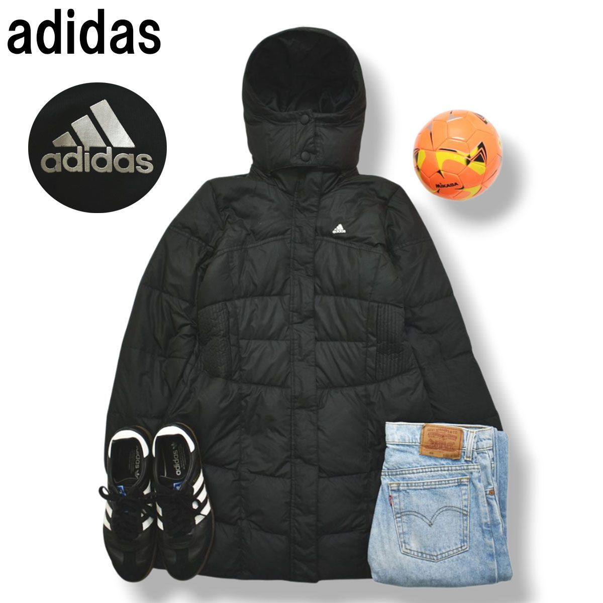 【定番】 アディダス adidas キルティング ダウン コート パーカー ジャンパー ウィンドブレーカー L ブラック スポーツ カジュアル タウンユース レジャー レディース ♪