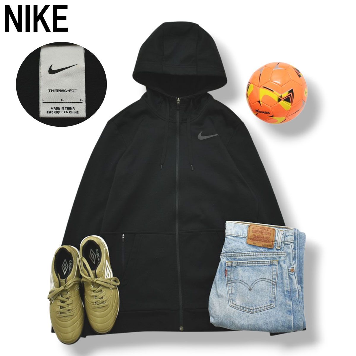 【美品】 ナイキ NIKE ジップ パーカー フーディー ジャージ トレーナー スウッシュ ロゴ 裏起毛 L ブラック スポーツ ストリート カジュアル タウンユース レジャー メンズ