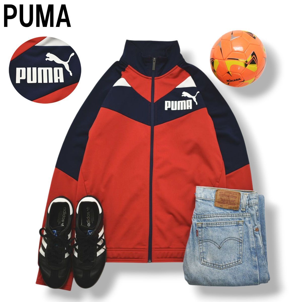 プーマ PUMA トラック ジャケット ジャージ ジップアップ ジャンパー ラグランスリーブ ロゴ プリント L レッド x ネイビー スポーツ ストリート タウンユース レジャー メンズ